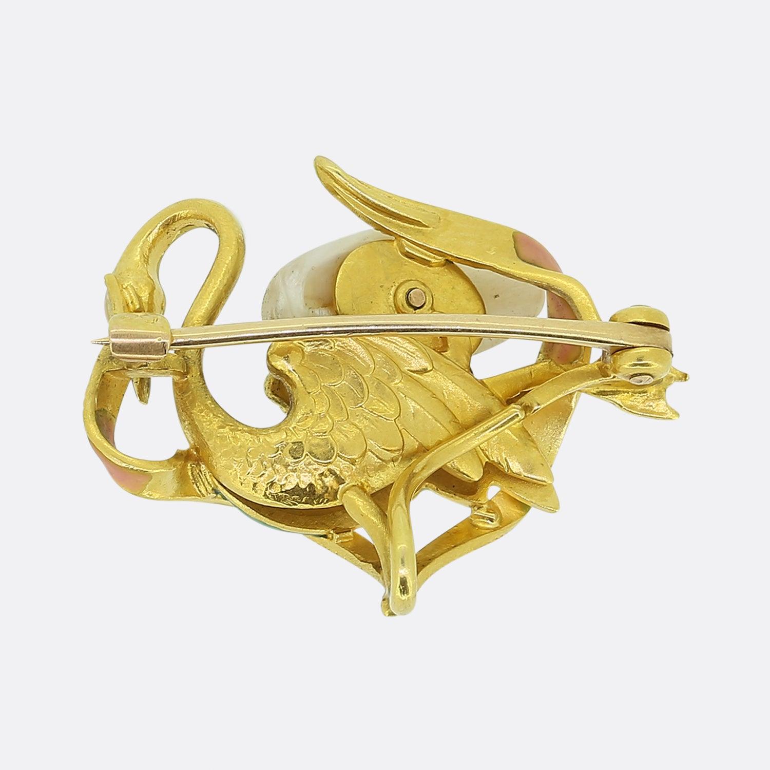 Old Mine Cut Krementz Art Nouveau Enamel and Pearl Swan Brooch