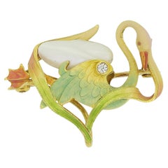 Krementz Art Nouveau Enamel and Pearl Swan Brooch