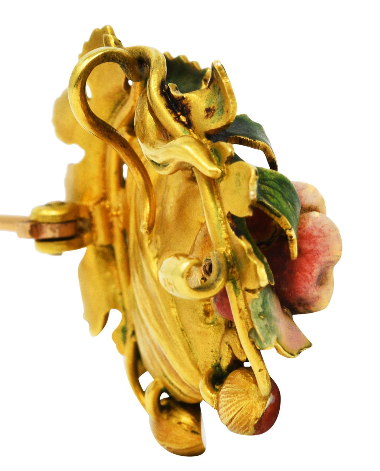 Krementz Art Nouveau Enamel Diamond 14 Karat Gold Woman & Flower Brooch 2