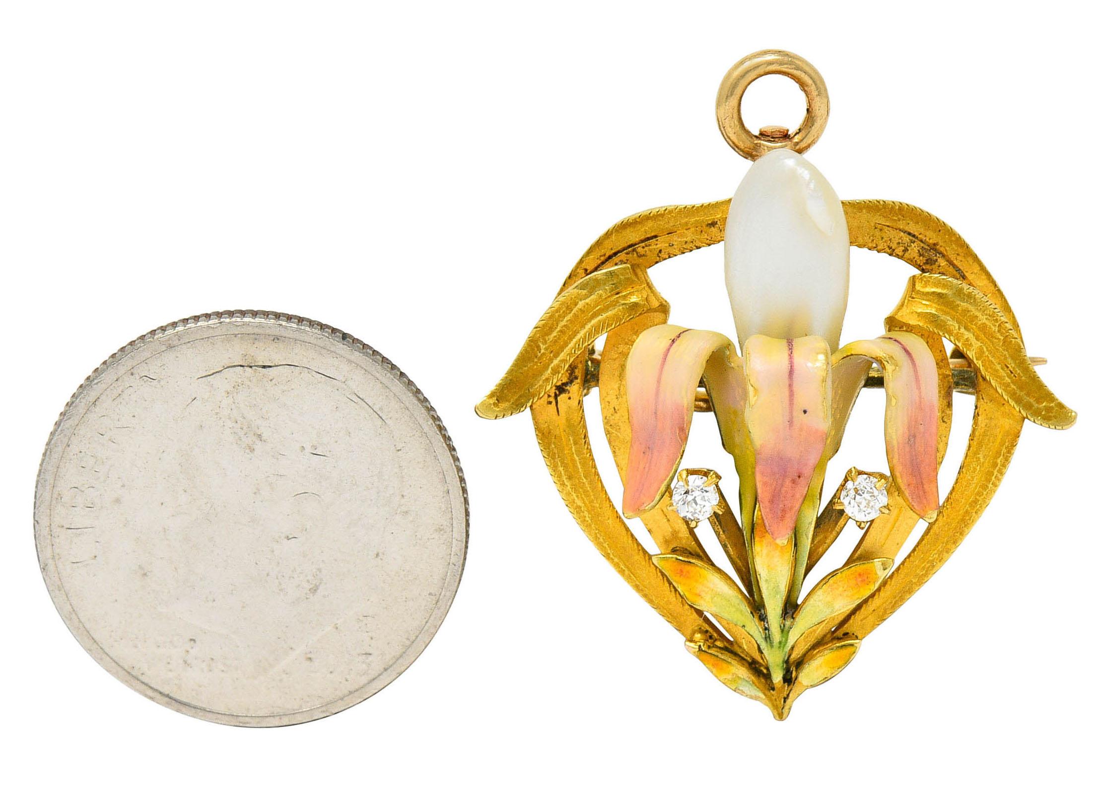 Krementz Art Nouveau Enamel Pearl 14 Karat Gold Water Lily Flower Pendant Brooch 5