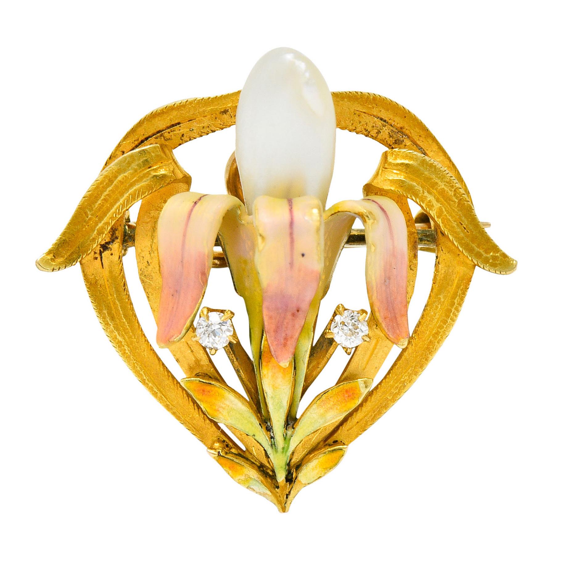 Krementz Art Nouveau Enamel Pearl 14 Karat Gold Water Lily Flower Pendant Brooch 6
