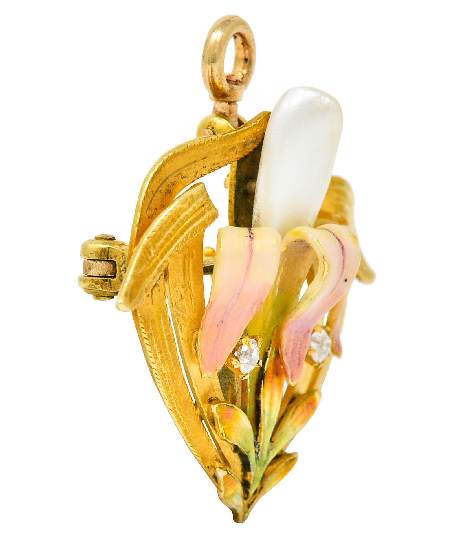 Brooch is designed as a stylized water lily flower surrounded by gold foliate whiplash

Flower is glossed with ombre pink, orange, and green enamel - exhibiting some loss

Centering an elongated pearl - white in body color with very good