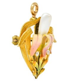 Krementz Art Nouveau Enamel Pearl 14 Karat Gold Water Lily Flower Pendant Brooch