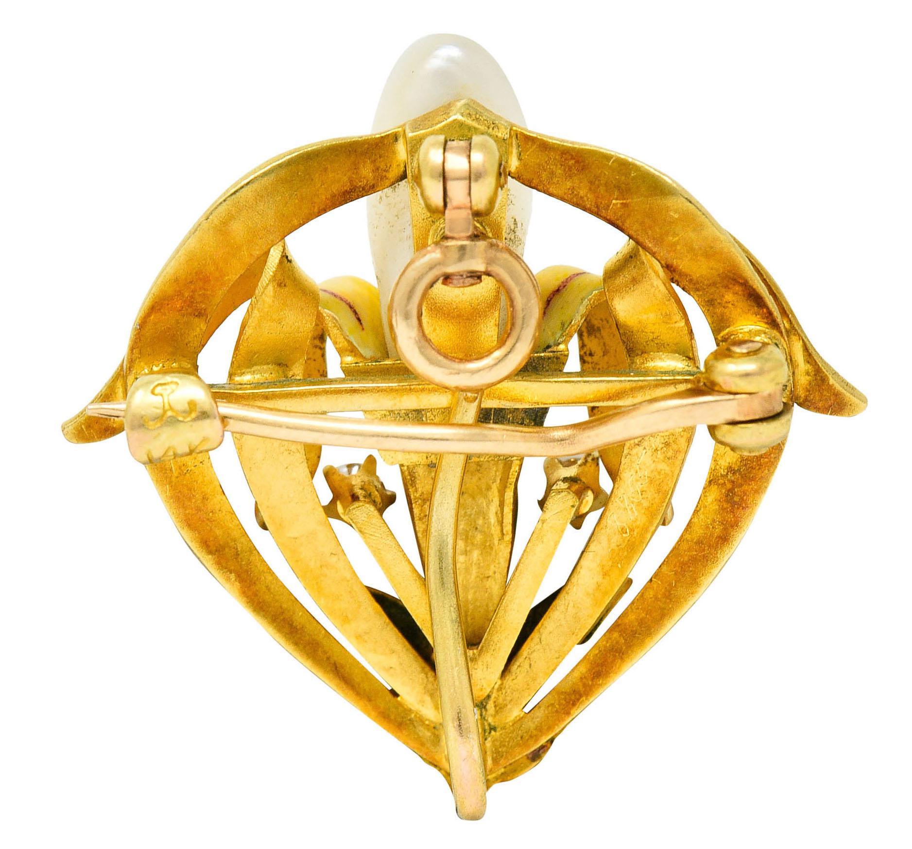 Uncut Krementz Art Nouveau Enamel Pearl 14 Karat Gold Water Lily Flower Pendant Brooch
