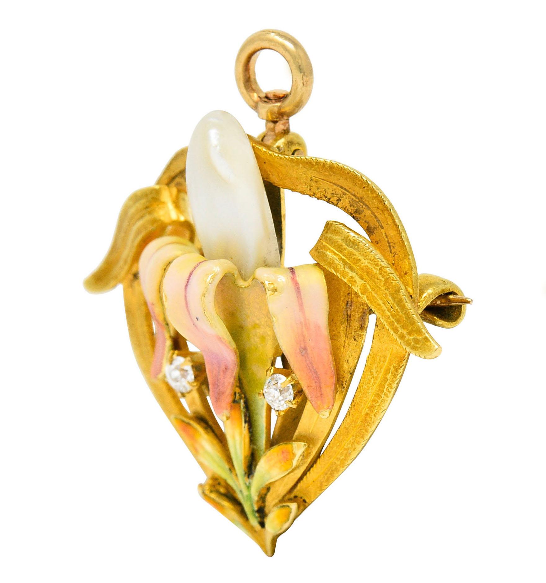Women's or Men's Krementz Art Nouveau Enamel Pearl 14 Karat Gold Water Lily Flower Pendant Brooch