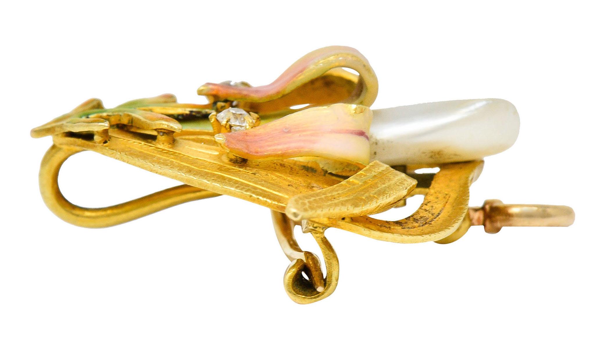 Krementz Art Nouveau Enamel Pearl 14 Karat Gold Water Lily Flower Pendant Brooch 3