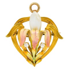 Antique Krementz Art Nouveau Enamel Pearl 14 Karat Gold Water Lily Flower Pendant Brooch