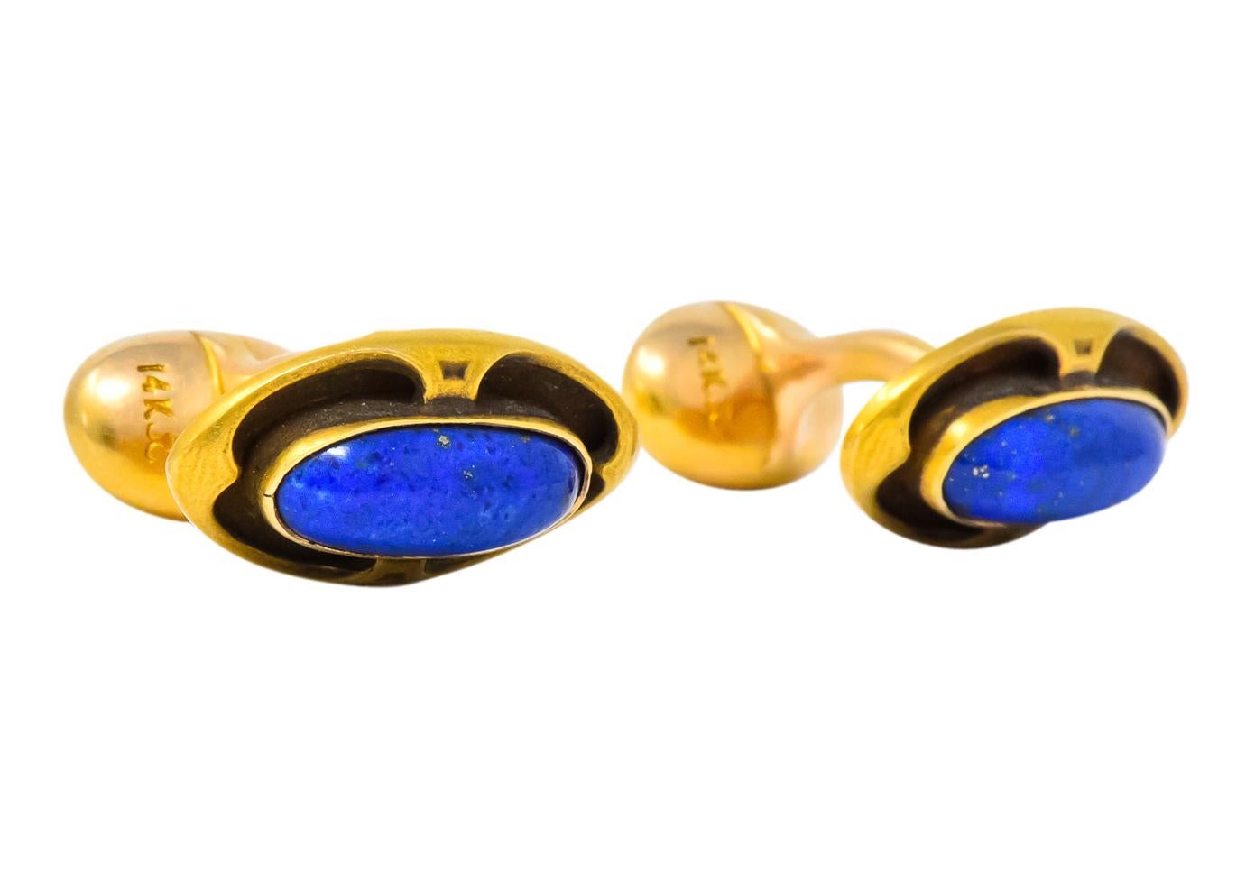 Krementz Art Nouveau Lapis Lazuli 14 Karat Gold Cufflinks In Excellent Condition In Philadelphia, PA