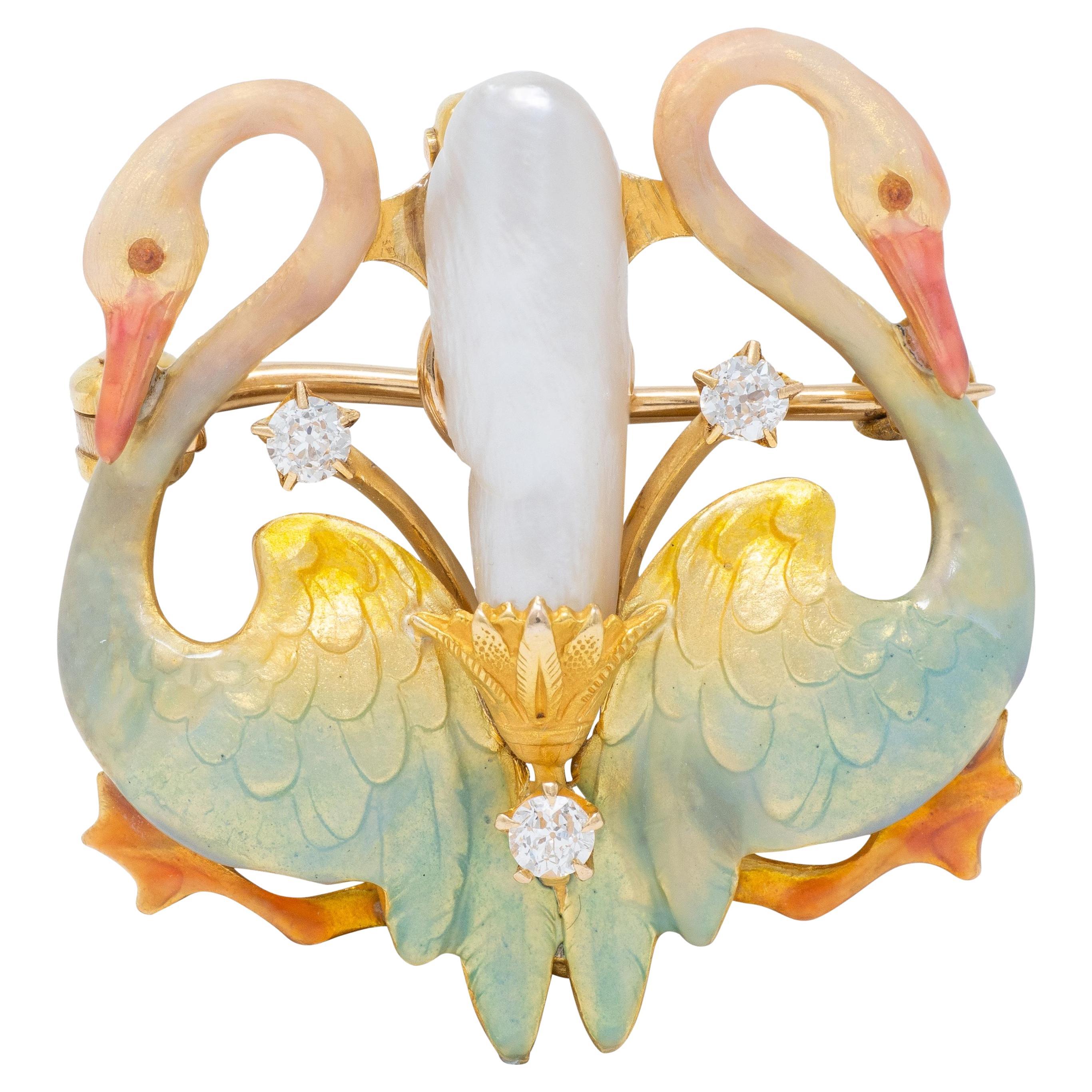 Krementz Art Nouveau Multi-Gem Enamel 14K Gold Antique Swan Pendant Brooch For Sale