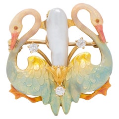 Krementz Art Nouveau Multi-Gem Enamel 14K Gold Antique Swan Pendant Brooch