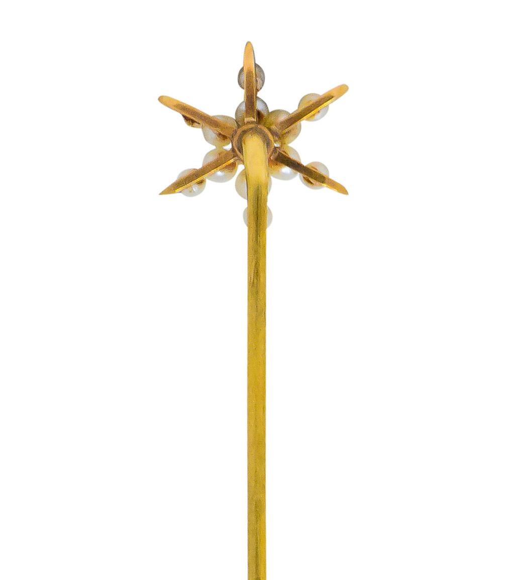 Round Cut Krementz Art Nouveau Pearl Demantoid Garnet 14 Karat Gold Star Stickpin For Sale