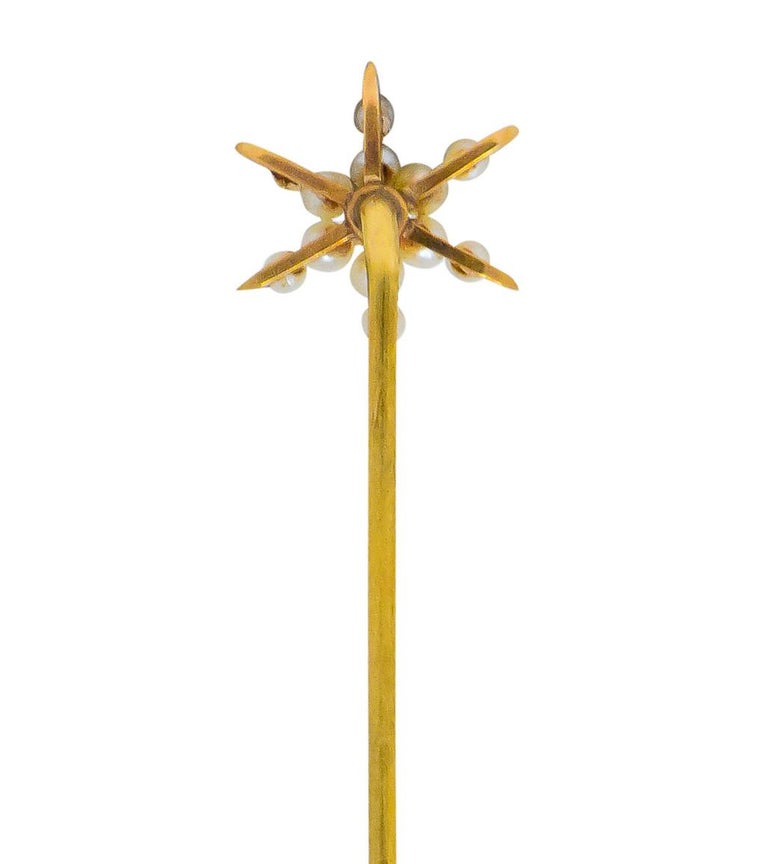 Krementz Art Nouveau Pearl Demantoid Garnet 14 Karat Gold Star Stickpin In Excellent Condition For Sale In Philadelphia, PA