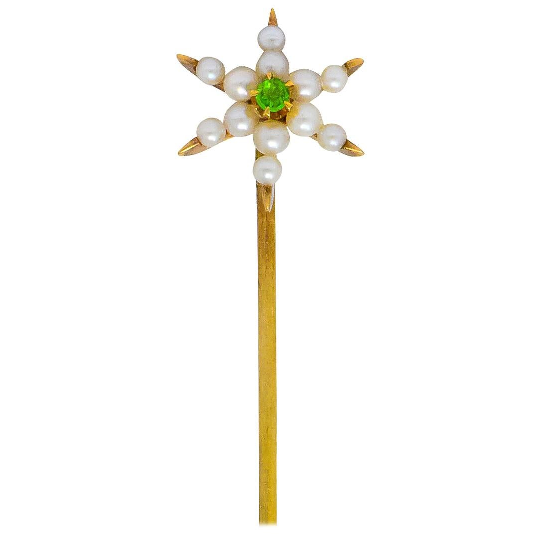 Krementz Art Nouveau Pearl Demantoid Garnet 14 Karat Gold Star Stickpin