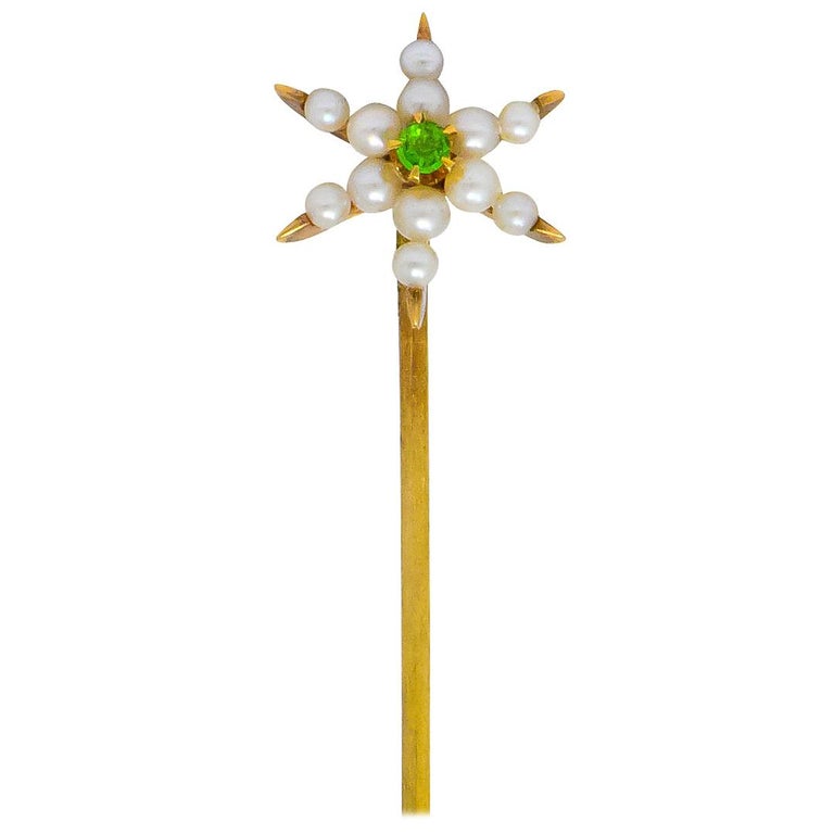 Krementz Art Nouveau Pearl Demantoid Garnet 14 Karat Gold Star Stickpin For Sale