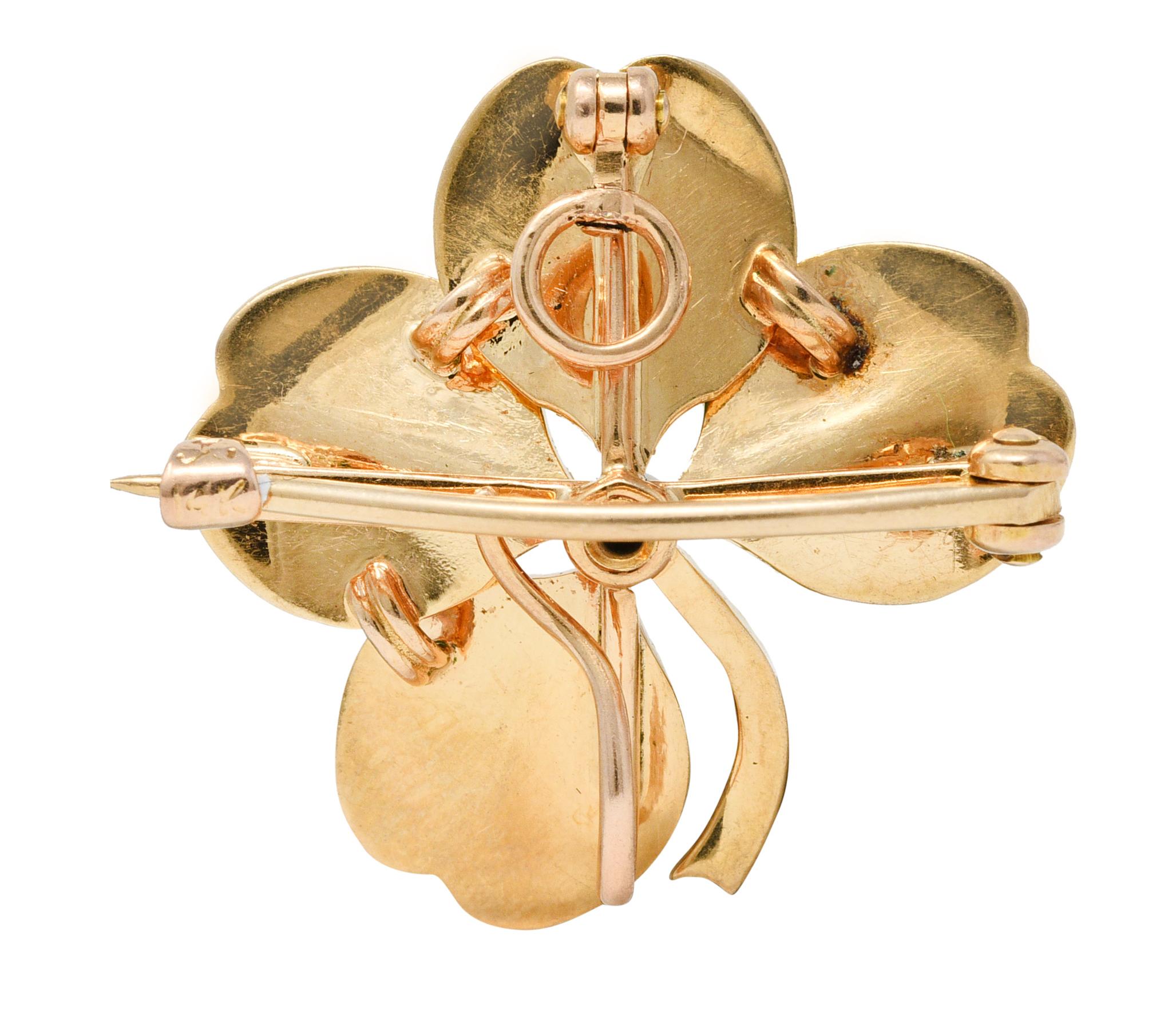 Femenino o masculino Trébol Antiguo Krementz Art Nouveau Perla Guilloche Esmalte Oro Amarillo 14 Kilates