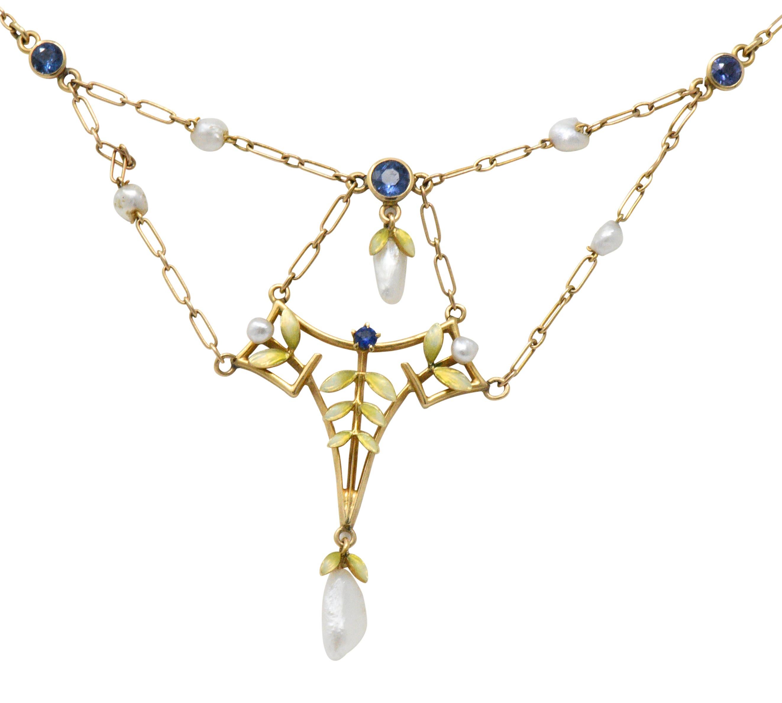 Krementz Art Nouveau Sapphire Enamel Pearl 14 Karat Gold Swag Necklace 2