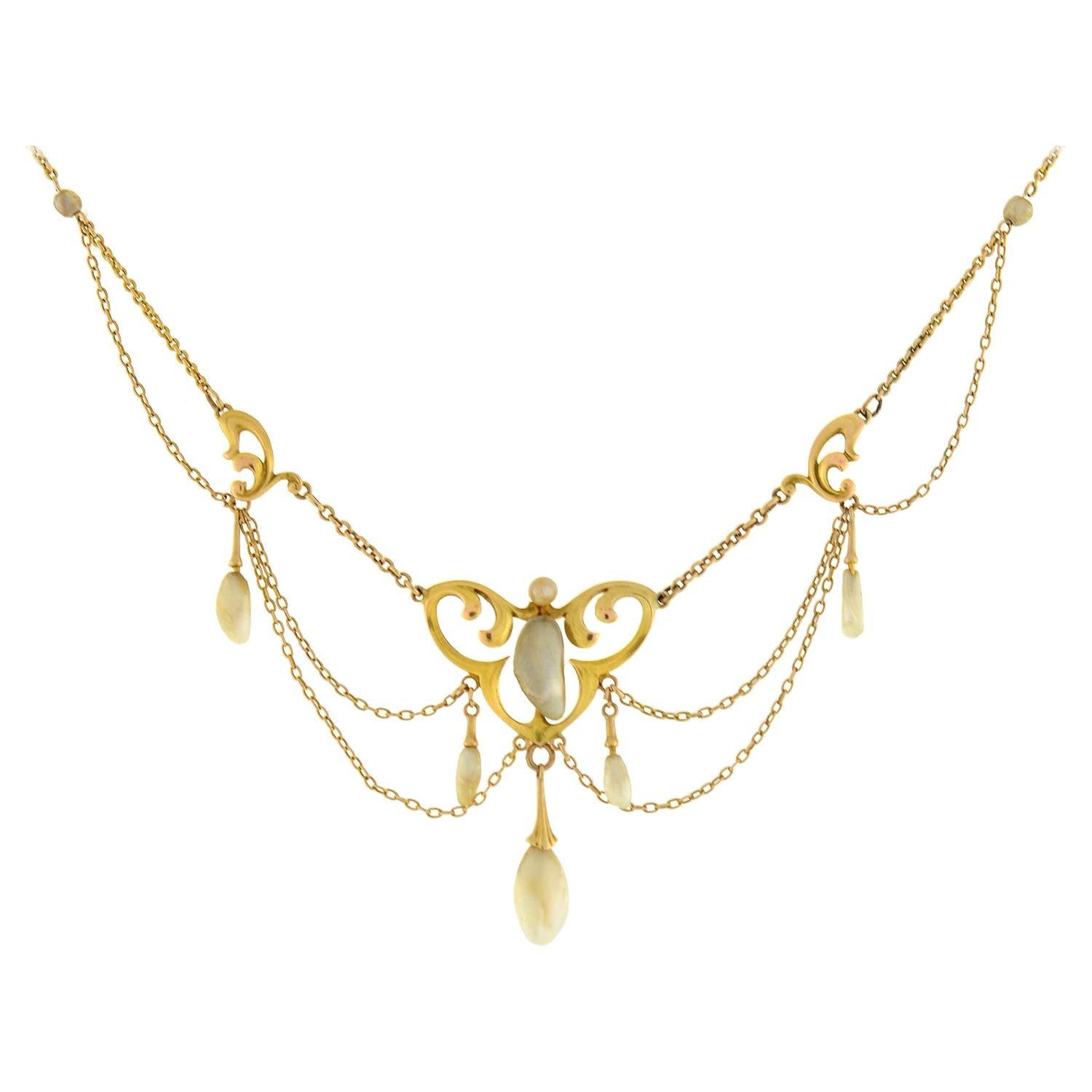 Krementz Jugendstil-Halskette mit Feston aus Gelbgold mit natürlichen Perlen