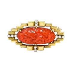 Krementz Carved Coral Pearl 14 Karat Gold Brooch, Circa 1925