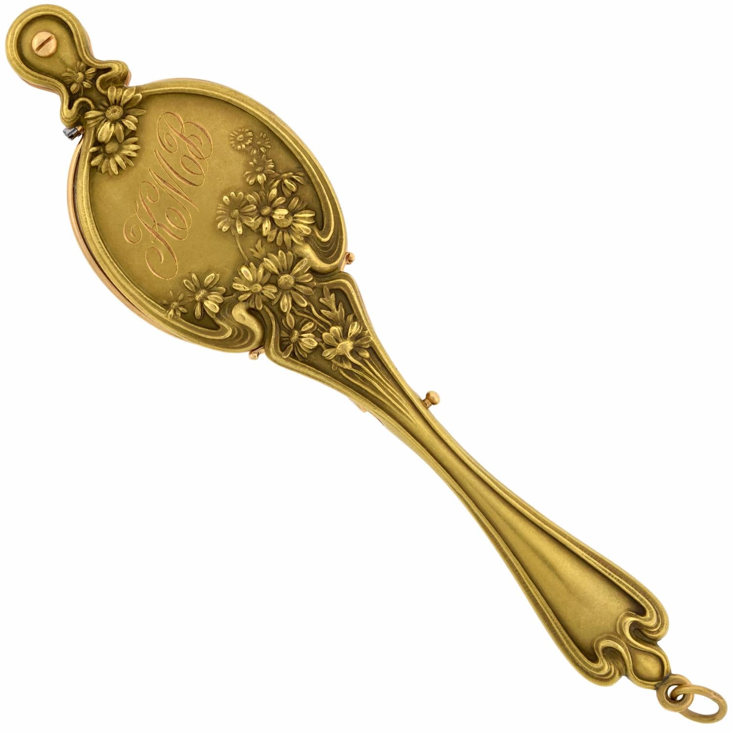 An absolutely fabulous signed Krementz & Co. lorgnette from the Art Nouveau (ca1900s) period! Crafted in solid 14kt yellow gold, this incredible piece is comprised of a pair of folding glasses held within a breathtaking repousse lorgnette