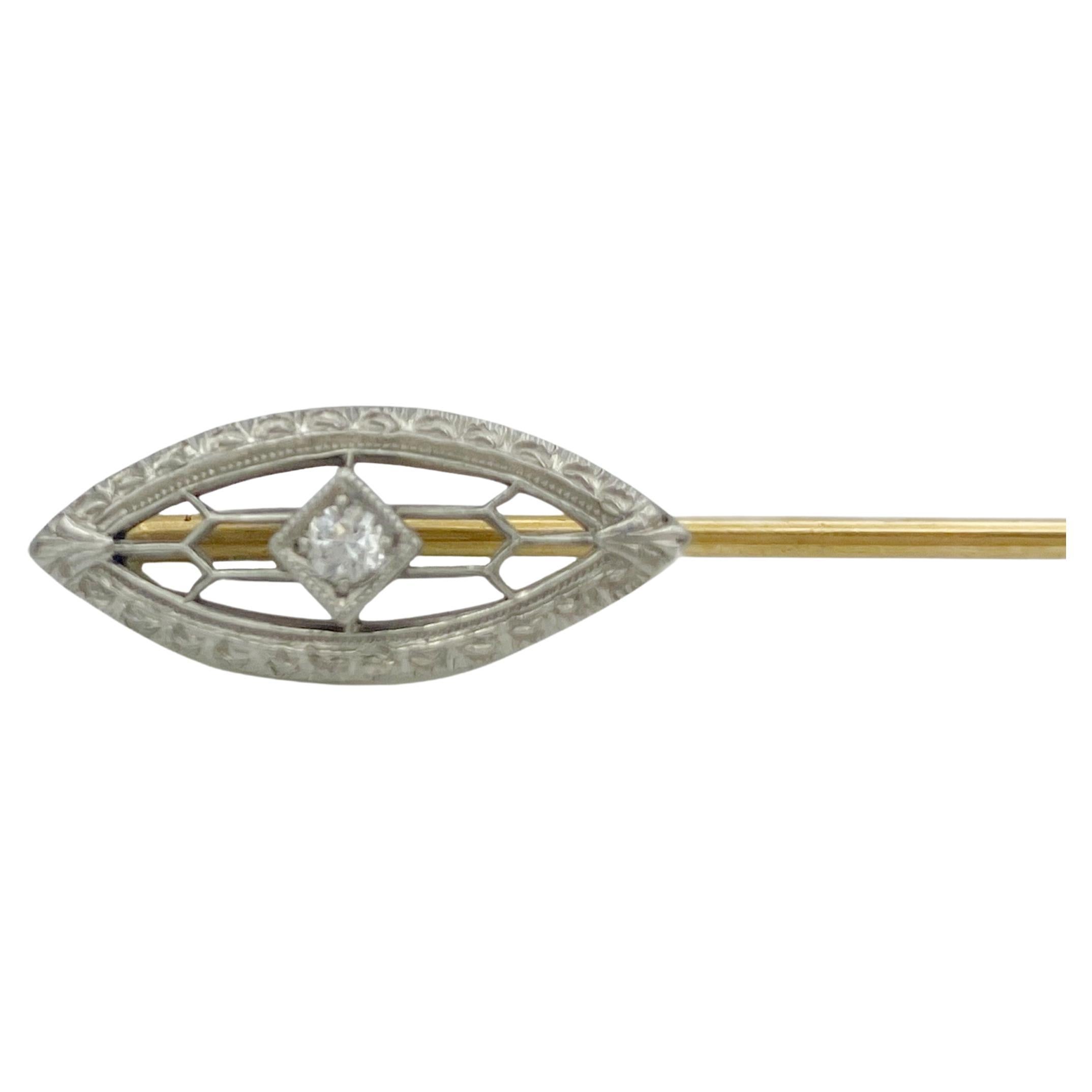 Krementz Diamond 14K Gold Platinum Antique Art Deco Openwork Stick Pin 1920s