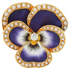 Krementz Diamond Enamel 14 Karat Gold Pansy Flower Antique Pendant Brooch