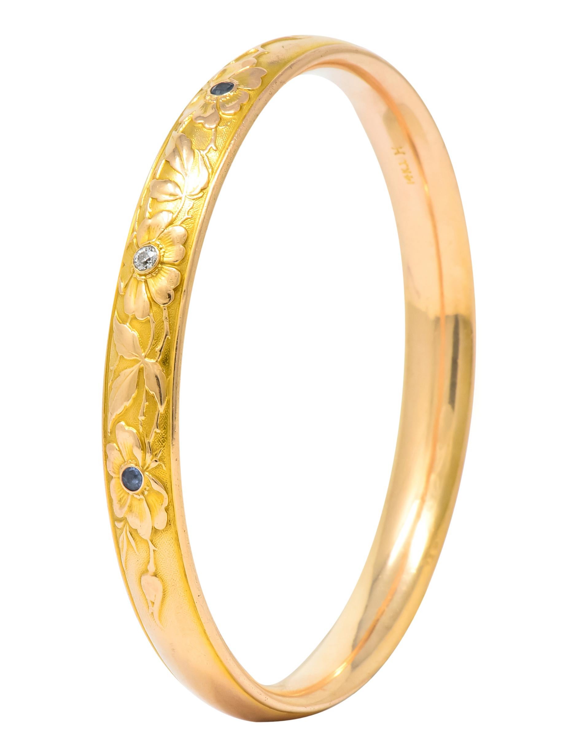 Old European Cut Krementz Diamond Sapphire 14 Karat Gold Engraved Floral Bangle Bracelet