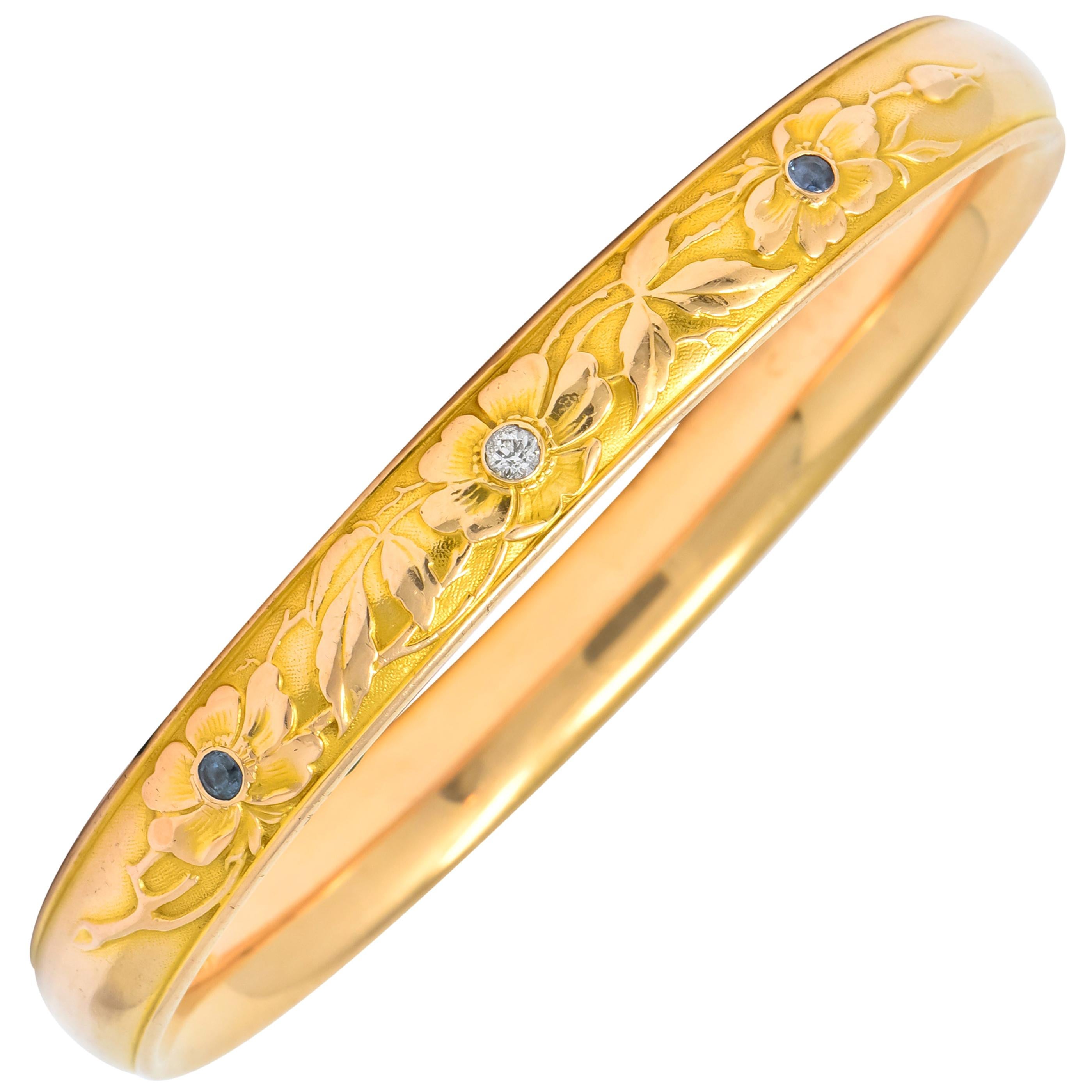 Krementz Diamond Sapphire 14 Karat Gold Engraved Floral Bangle Bracelet