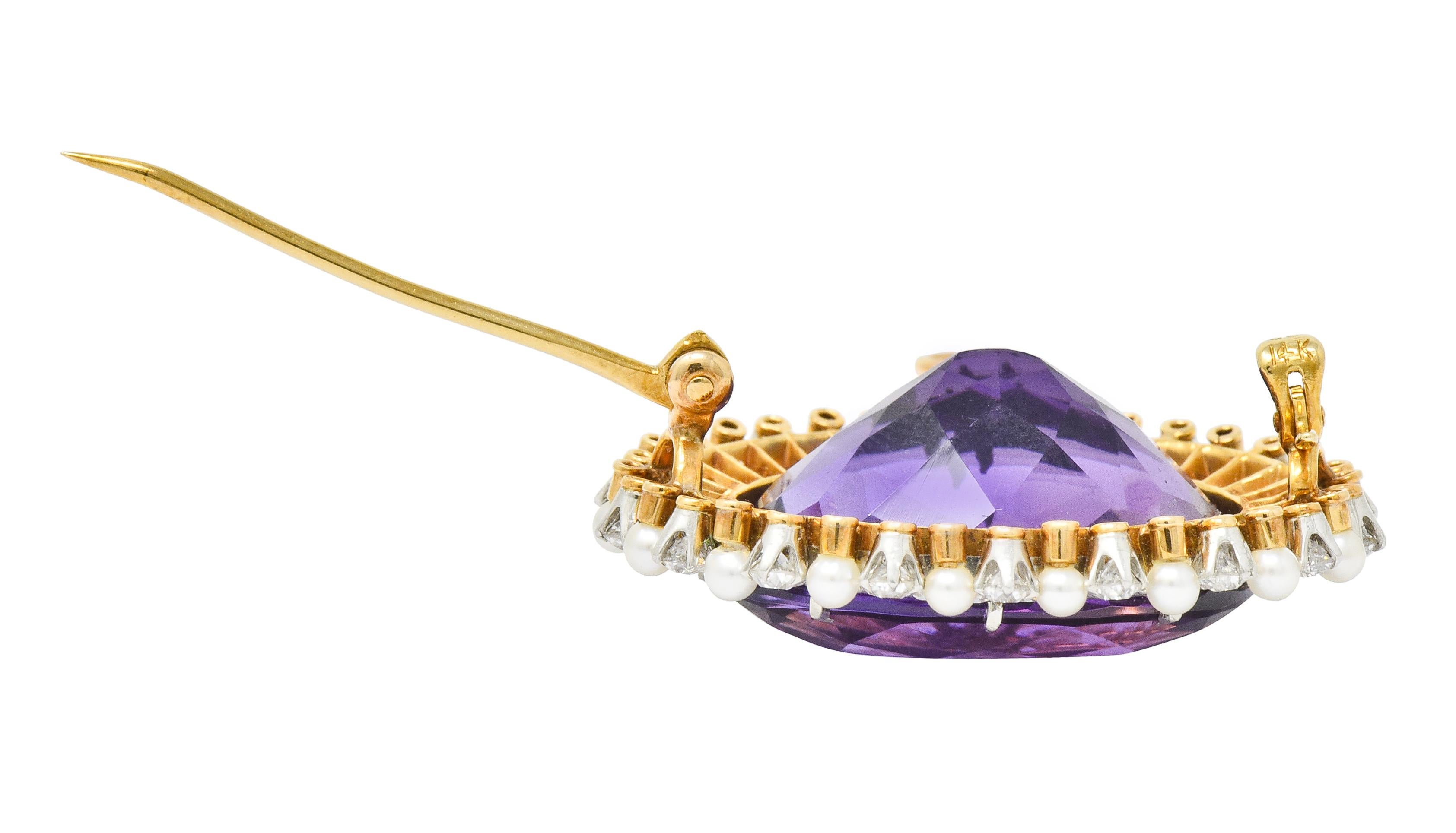 Krementz Edwardian 26.61 Carat Amethyst Diamond Pearl Platinum 14 Gold Brooch 3