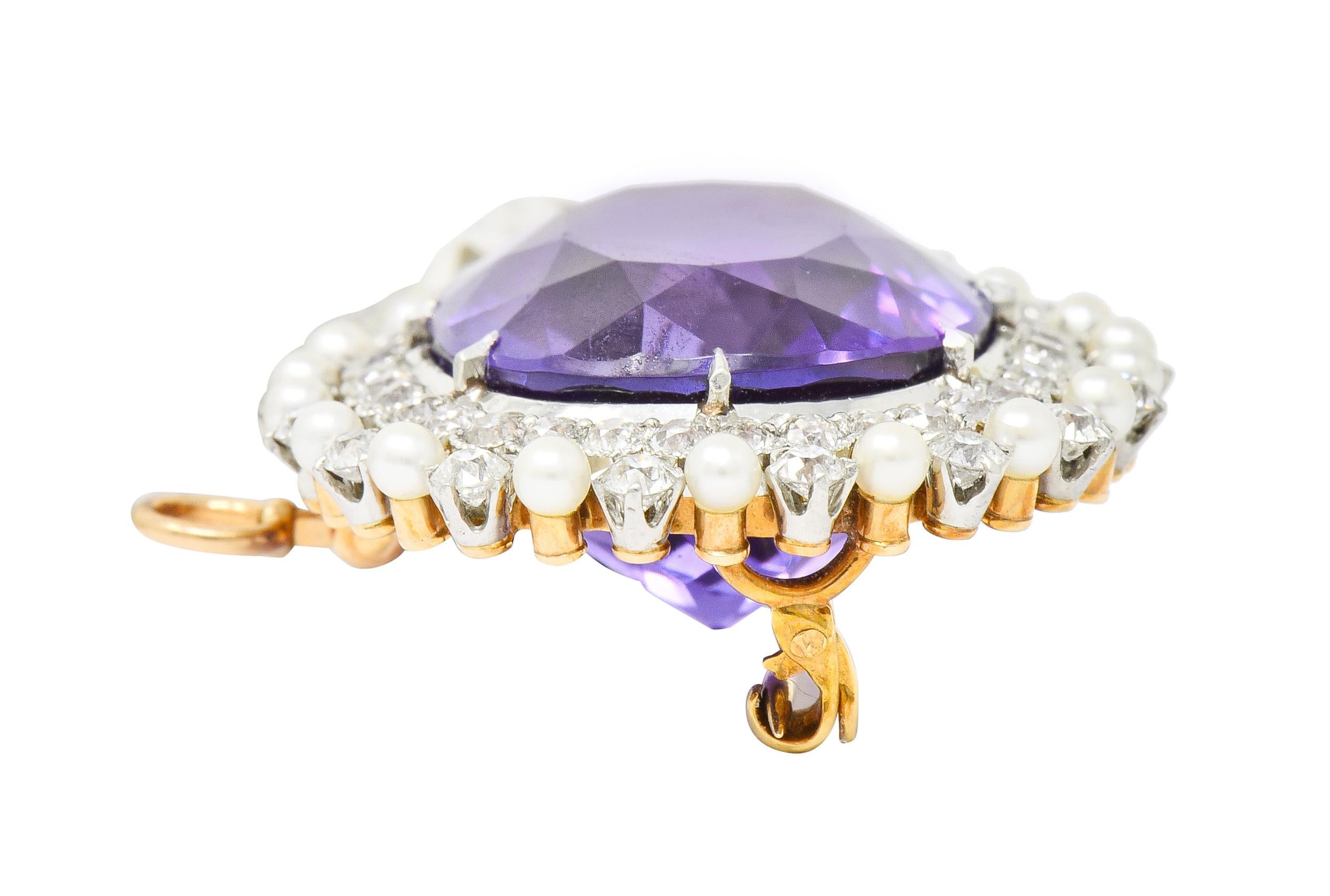 Krementz Edwardian 26.61 Carat Amethyst Diamond Pearl Platinum 14 Gold Brooch 4