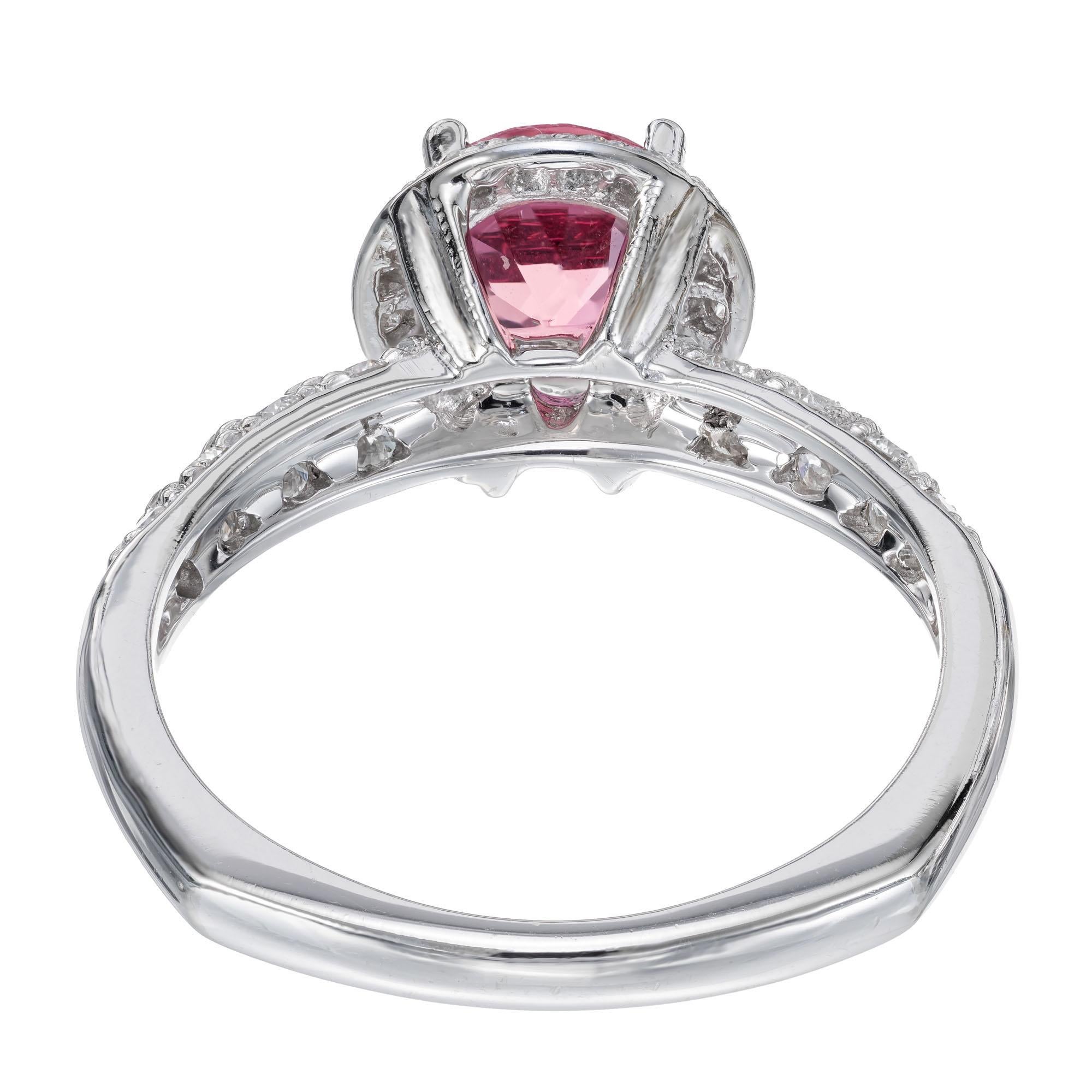 Round Cut Krementz GIA 1.37 Carat Pink Sapphire Diamond Halo Gold Engagement Ring For Sale