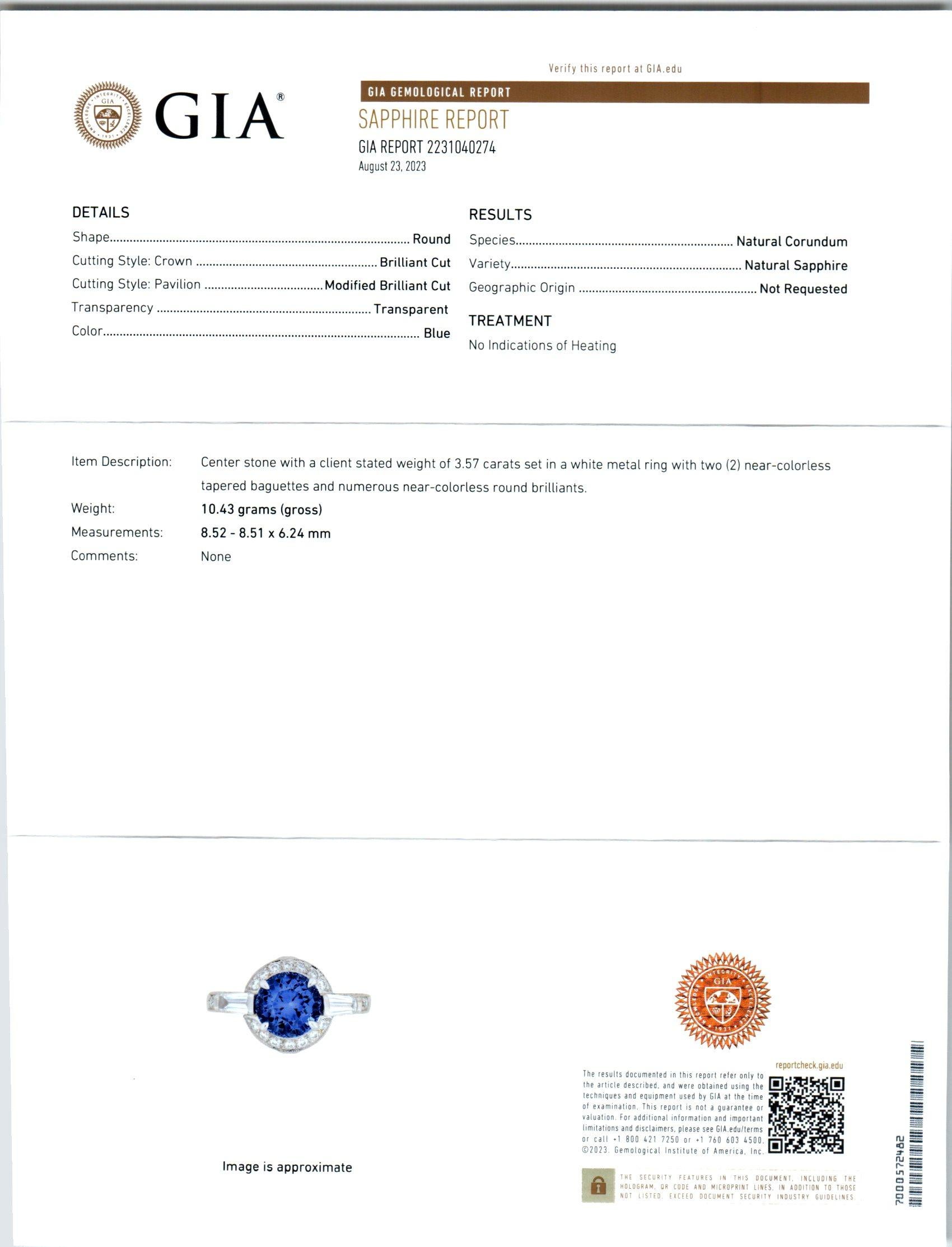 Krementz Verlobungsring, GIA 3,57 Karat natürlicher Saphir Halo Diamant Platin im Zustand „Gut“ im Angebot in Stamford, CT