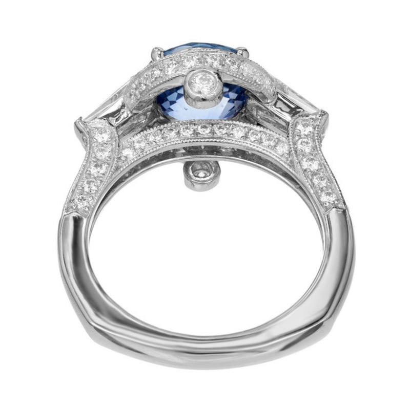 Round Cut Krementz GIA 3.57 Carat Natural Sapphire Halo Diamond Platinum Engagement Ring For Sale