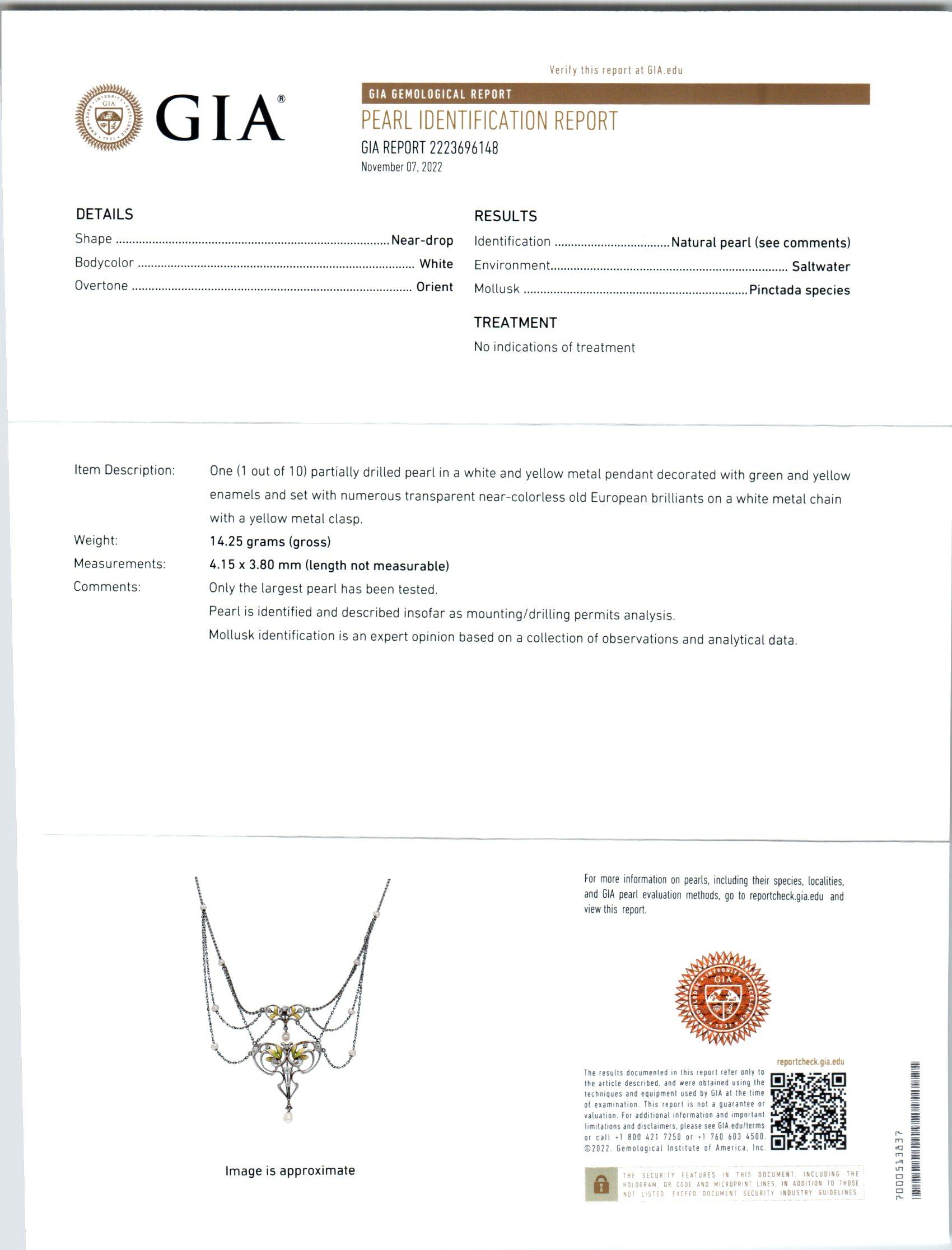 Krementz GIA-zertifizierte Perlen-Diamant-Platin-Gold-Halskette mit Jugendstil-Anhänger (Rundschliff) im Angebot