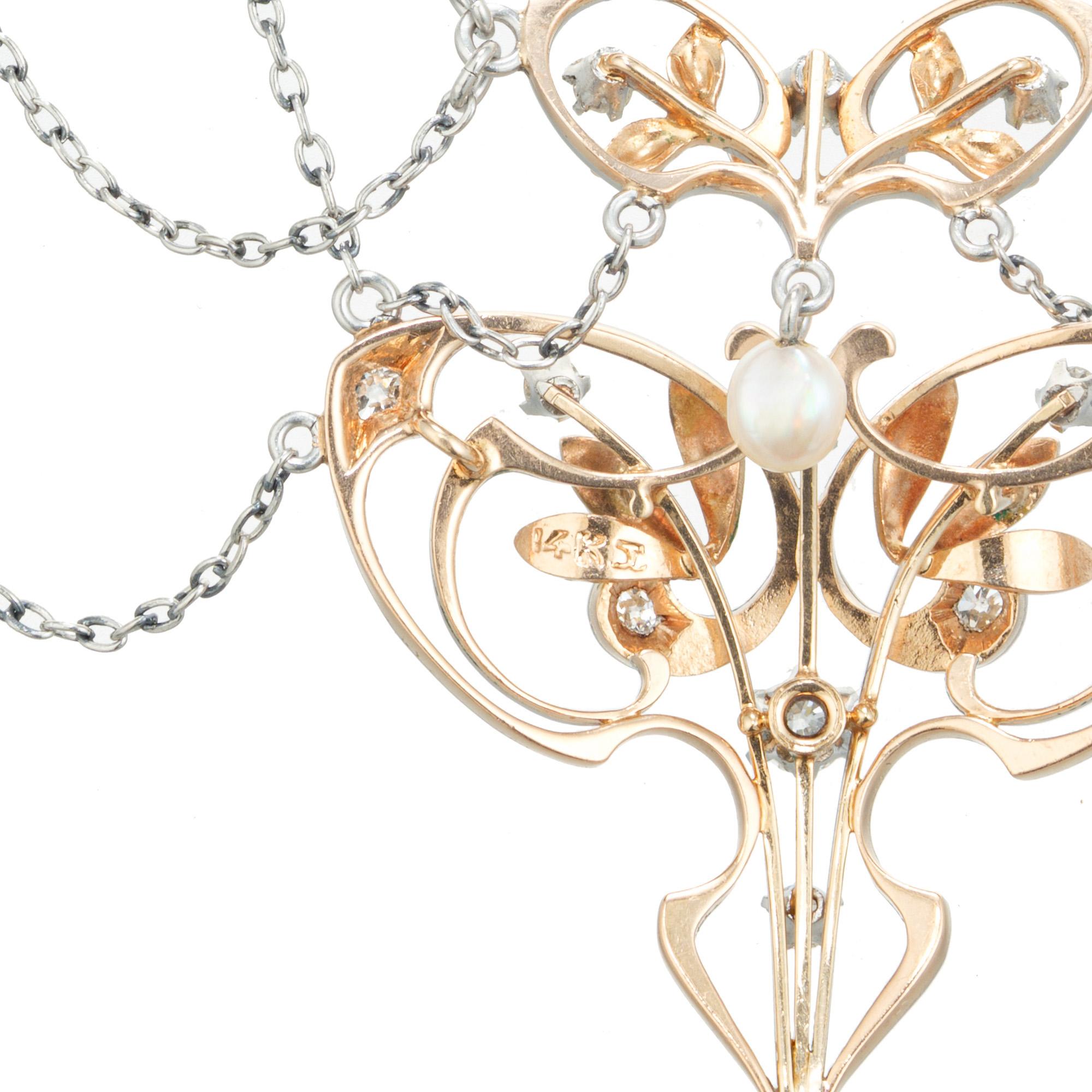 Krementz GIA-zertifizierte Perlen-Diamant-Platin-Gold-Halskette mit Jugendstil-Anhänger Damen im Angebot