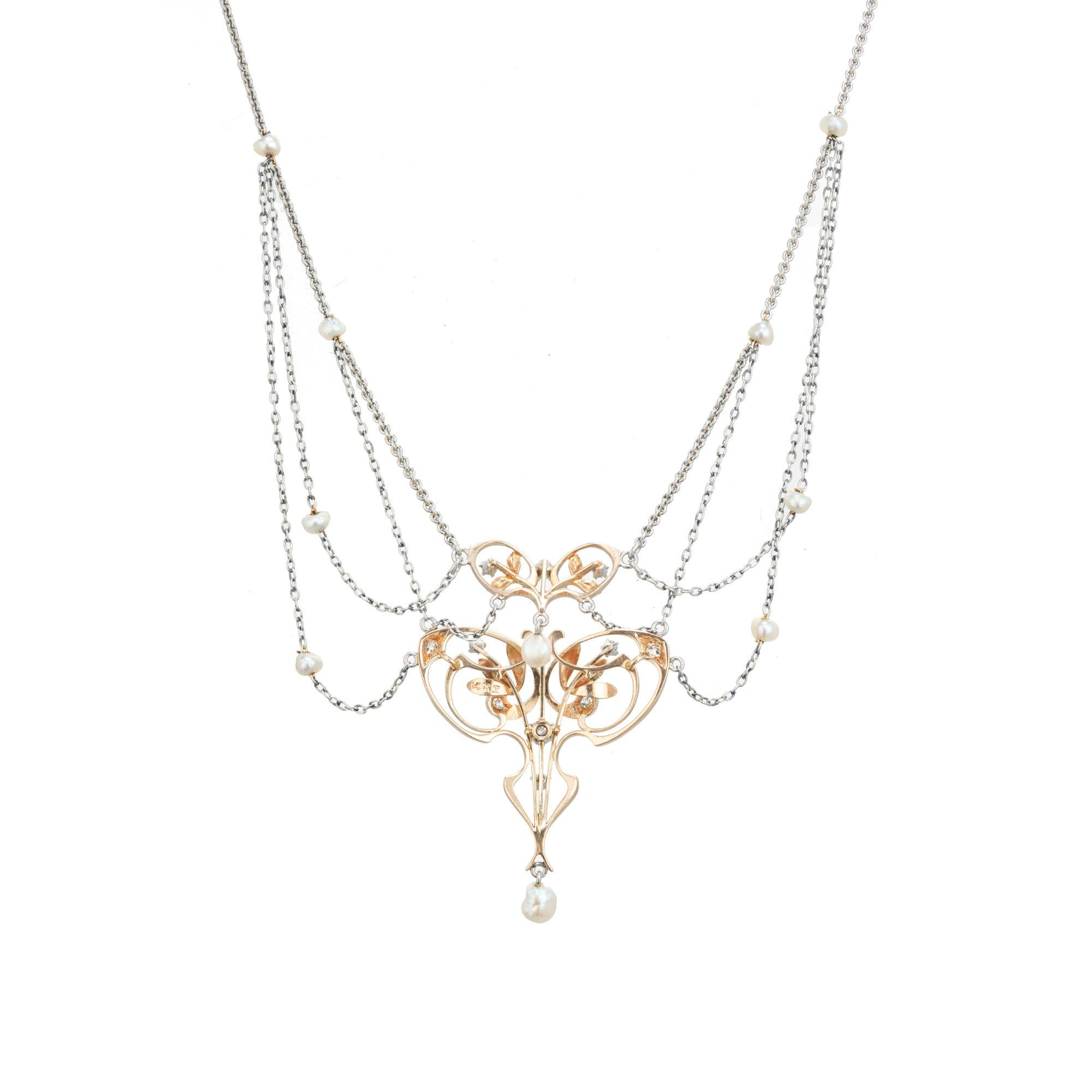 Krementz, collier pendentif Art nouveau en or et platine avec perle certifiée GIA et diamants en vente 2