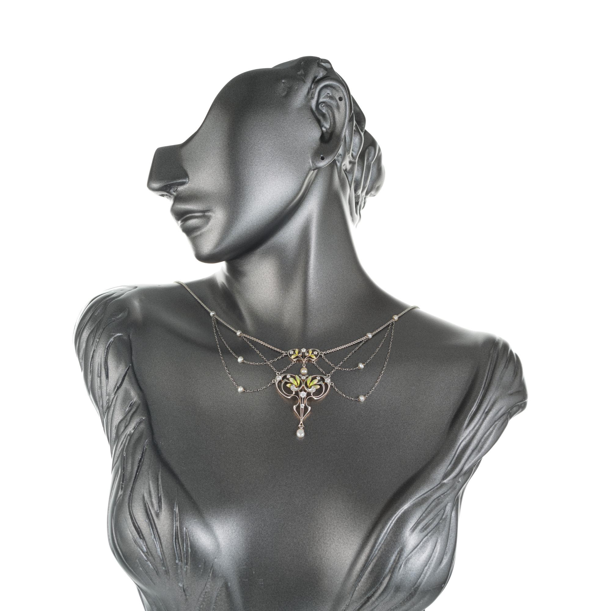 Women's Krementz GIA Certified Pearl Diamond Platinum Gold Art Nouveau Pendant Necklace For Sale
