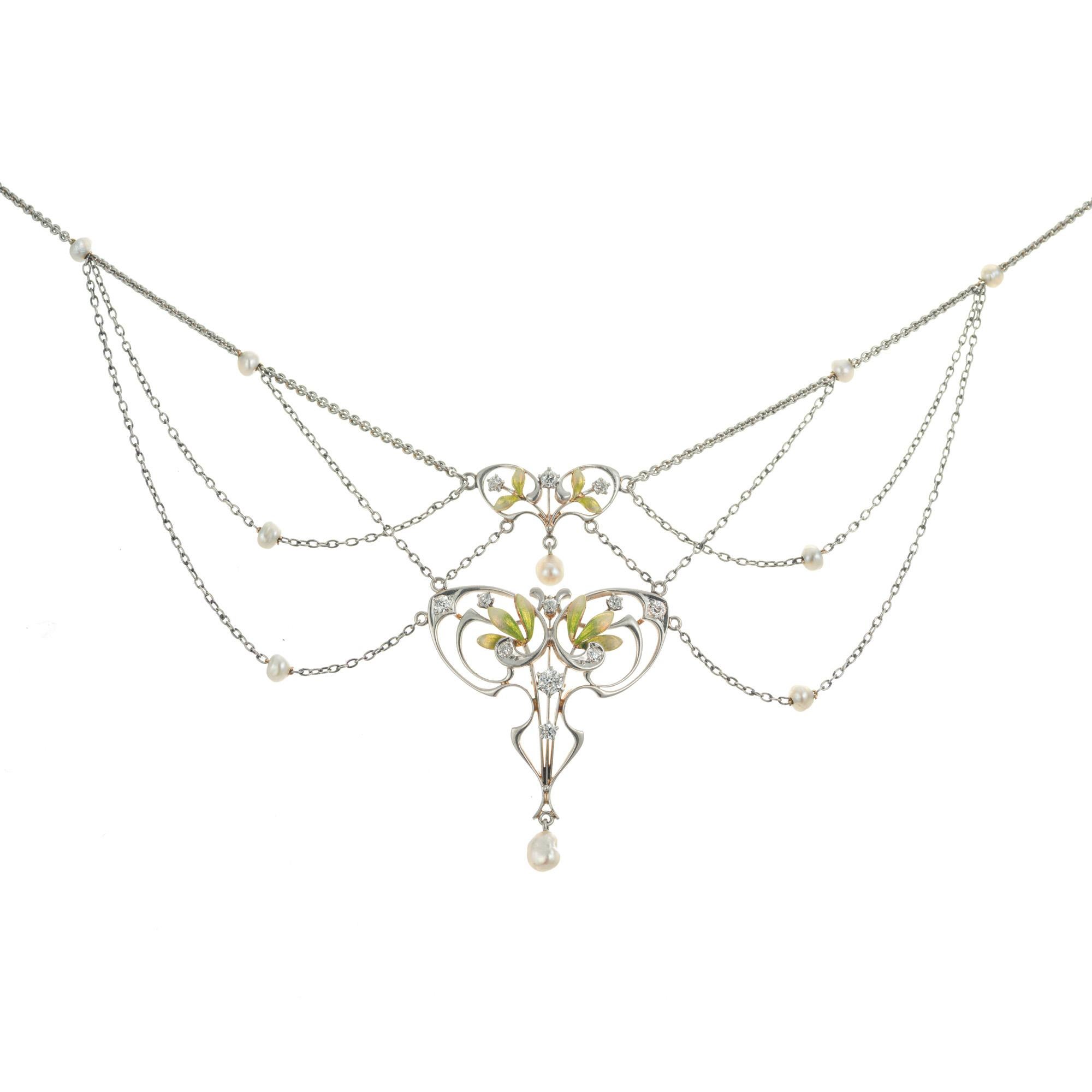 Krementz GIA Certified Pearl Diamond Platinum Gold Art Nouveau Pendant Necklace For Sale 1
