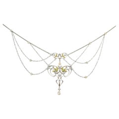 Krementz GIA Certified Pearl Diamond Platinum Gold Art Nouveau Pendant Necklace