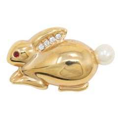 Krementz Golden Bunny Pin Brooch, Faux Pearl and Crystal Accents