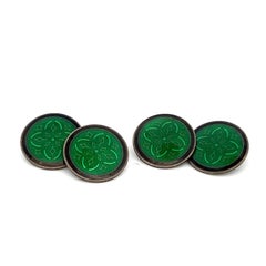 Krementz Green and Black Sterling Silver Art Deco Enameled Cufflinks