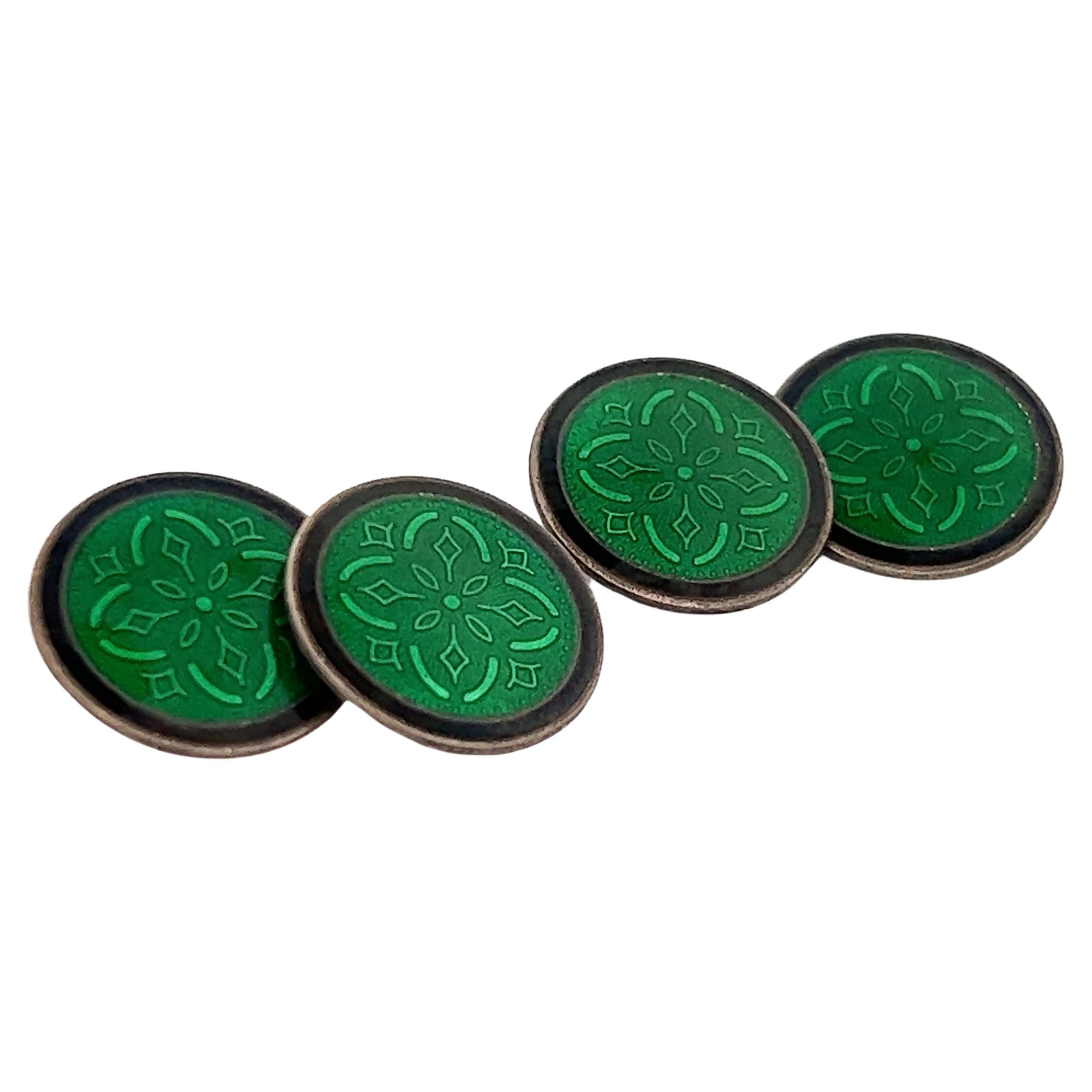 Krementz Green and Black Sterling Silver Art Deco Enameled Cufflinks