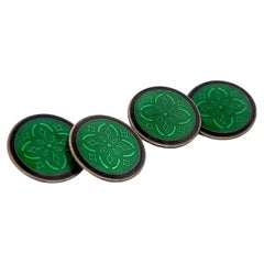 Krementz Green and Black Sterling Silver Art Deco Enameled Cufflinks