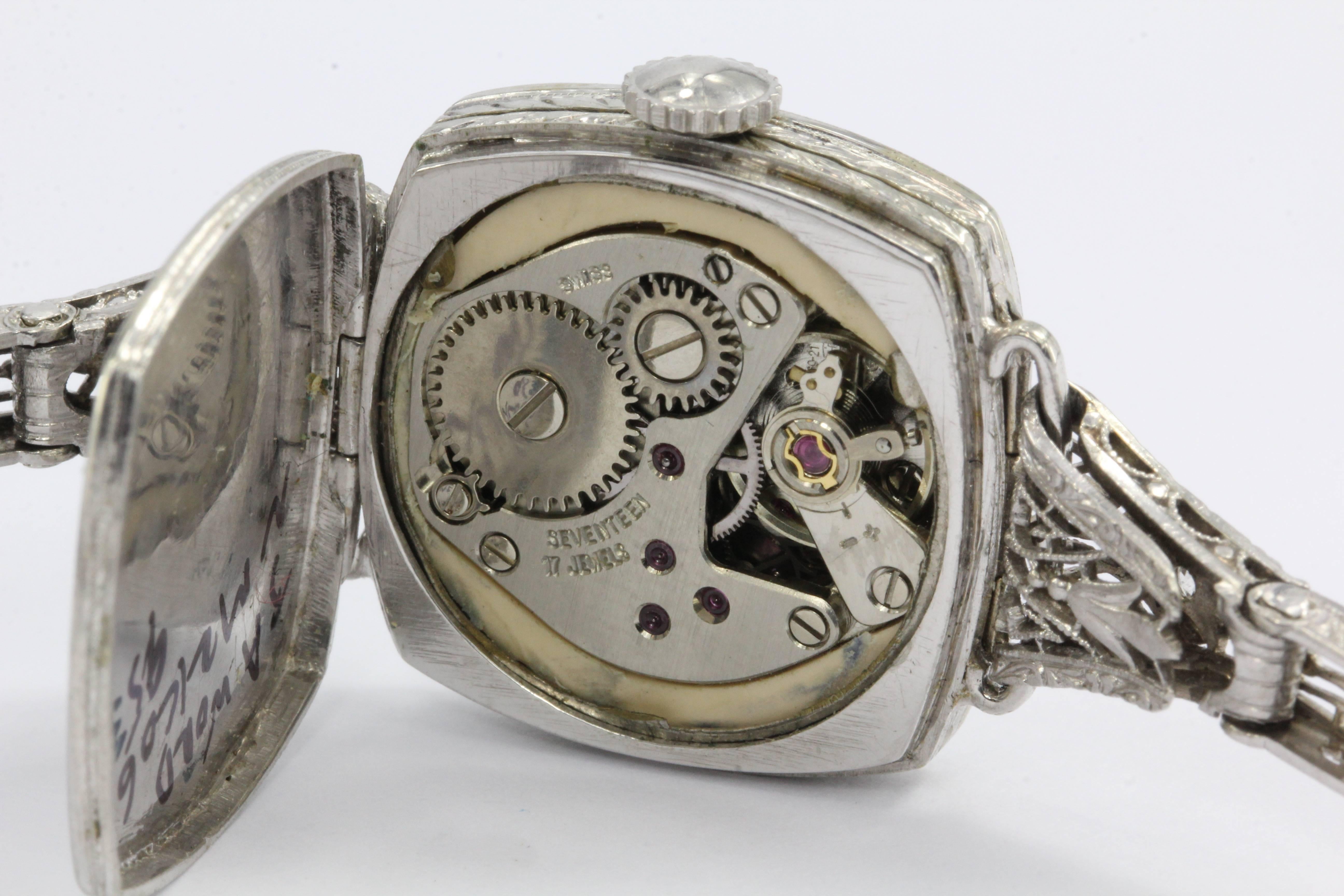 Krementz Ladies White Gold Diamond Mechanical Wristwatch, circa 1920s 3