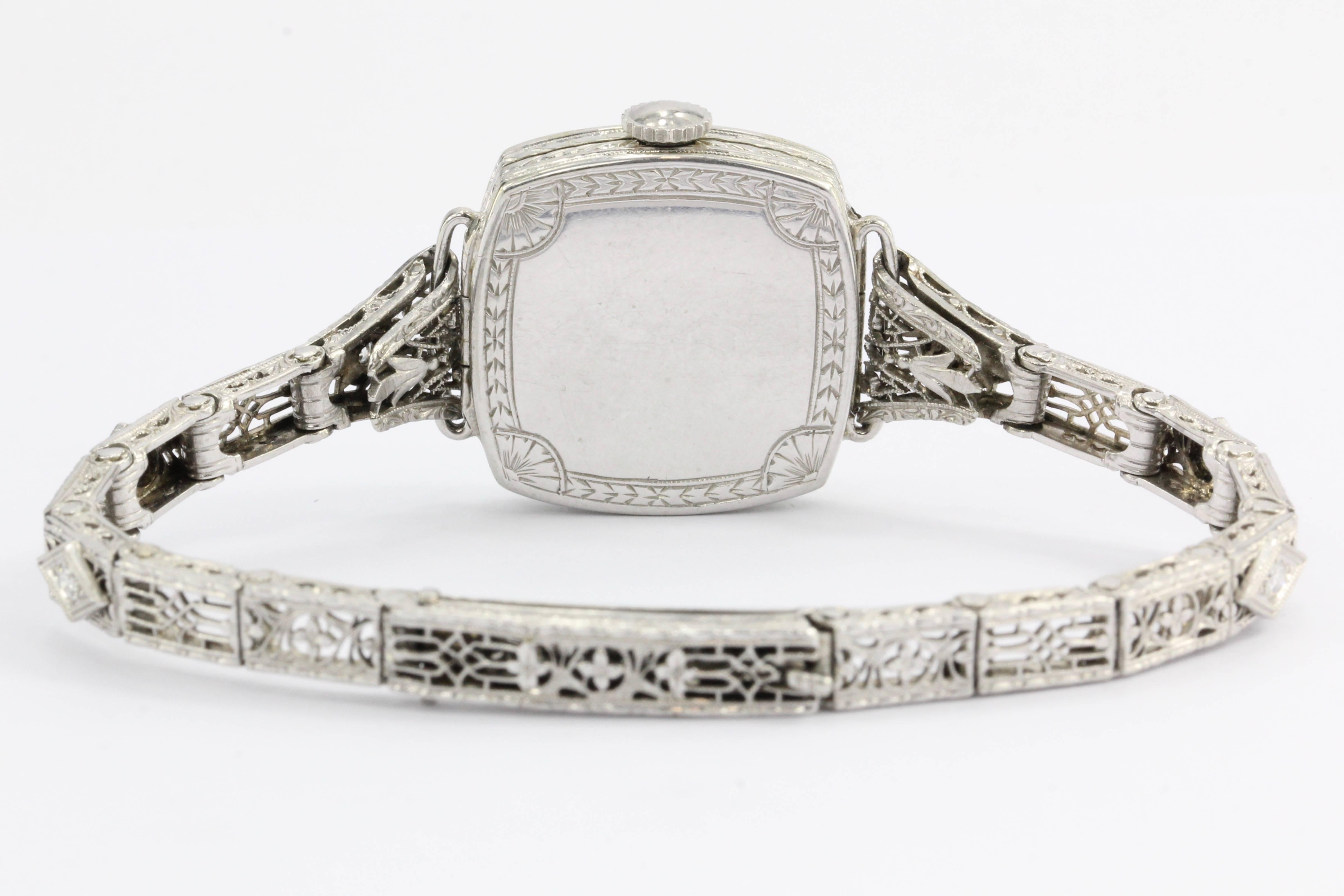 Art Deco Krementz Ladies White Gold Diamond Mechanical Wristwatch, circa 1920s
