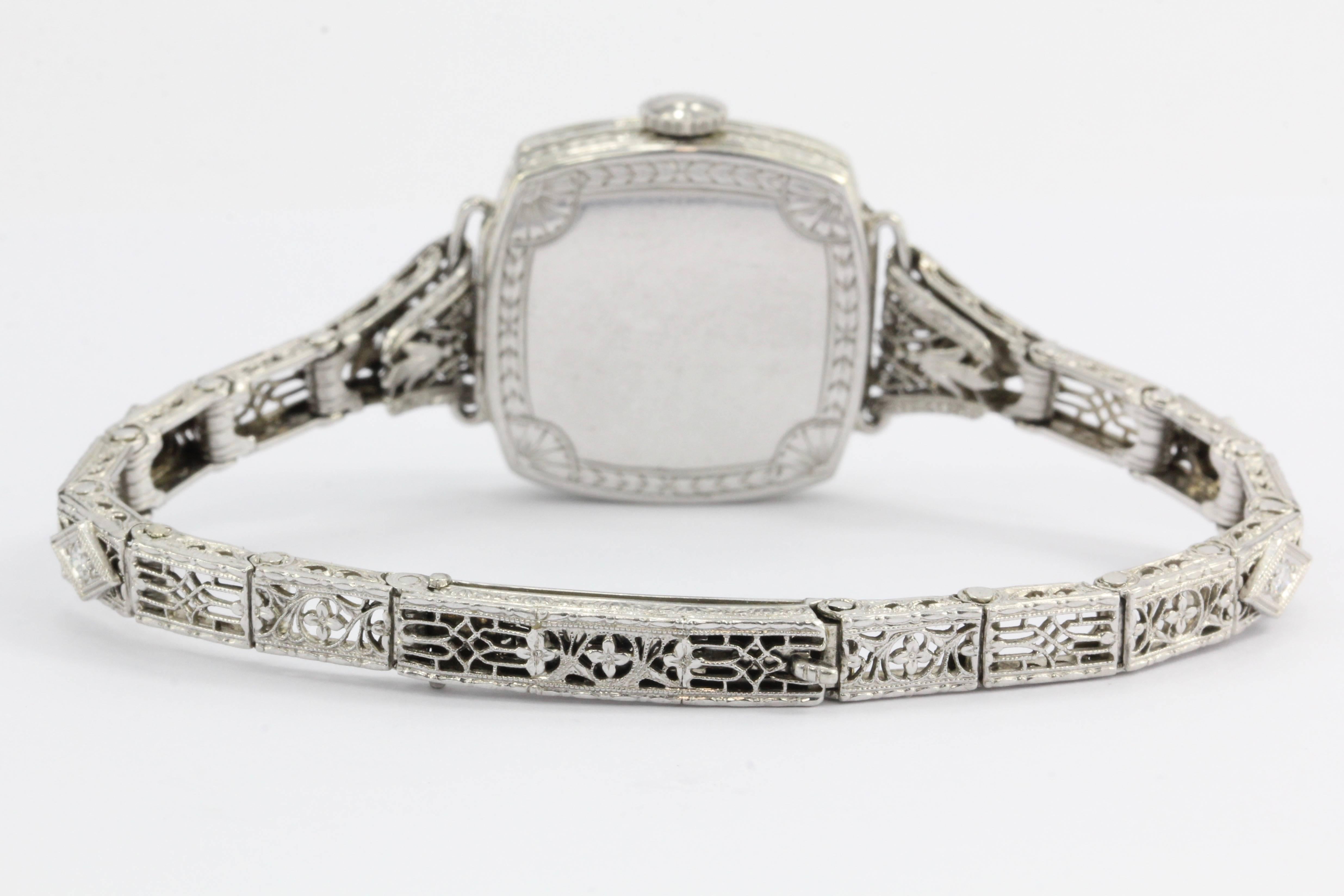 Old European Cut Krementz Ladies White Gold Diamond Mechanical Wristwatch, circa 1920s