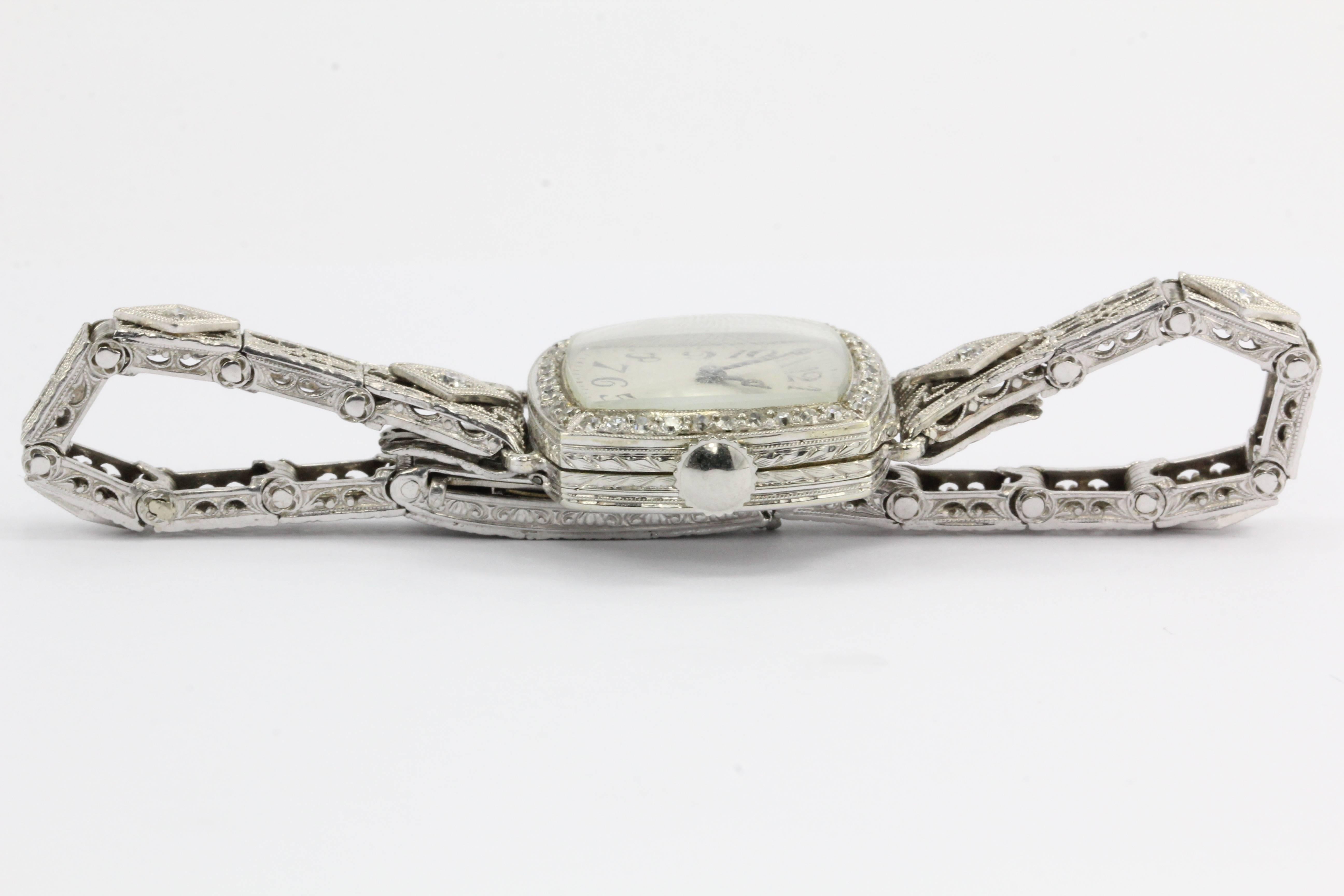 Krementz Ladies White Gold Diamond Mechanical Wristwatch, circa 1920s In Excellent Condition In Cape May, NJ