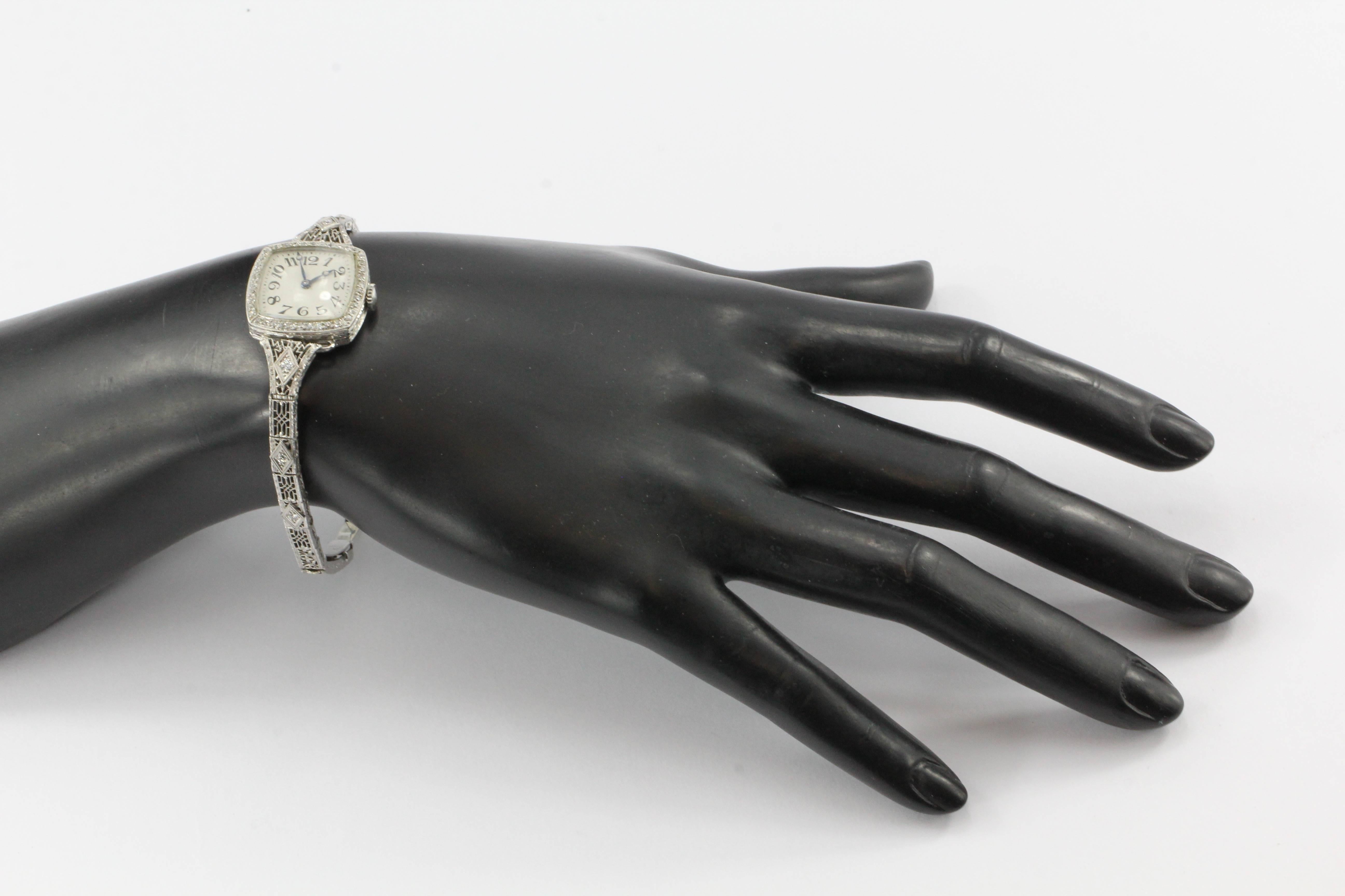 Krementz Ladies White Gold Diamond Mechanical Wristwatch, circa 1920s 2