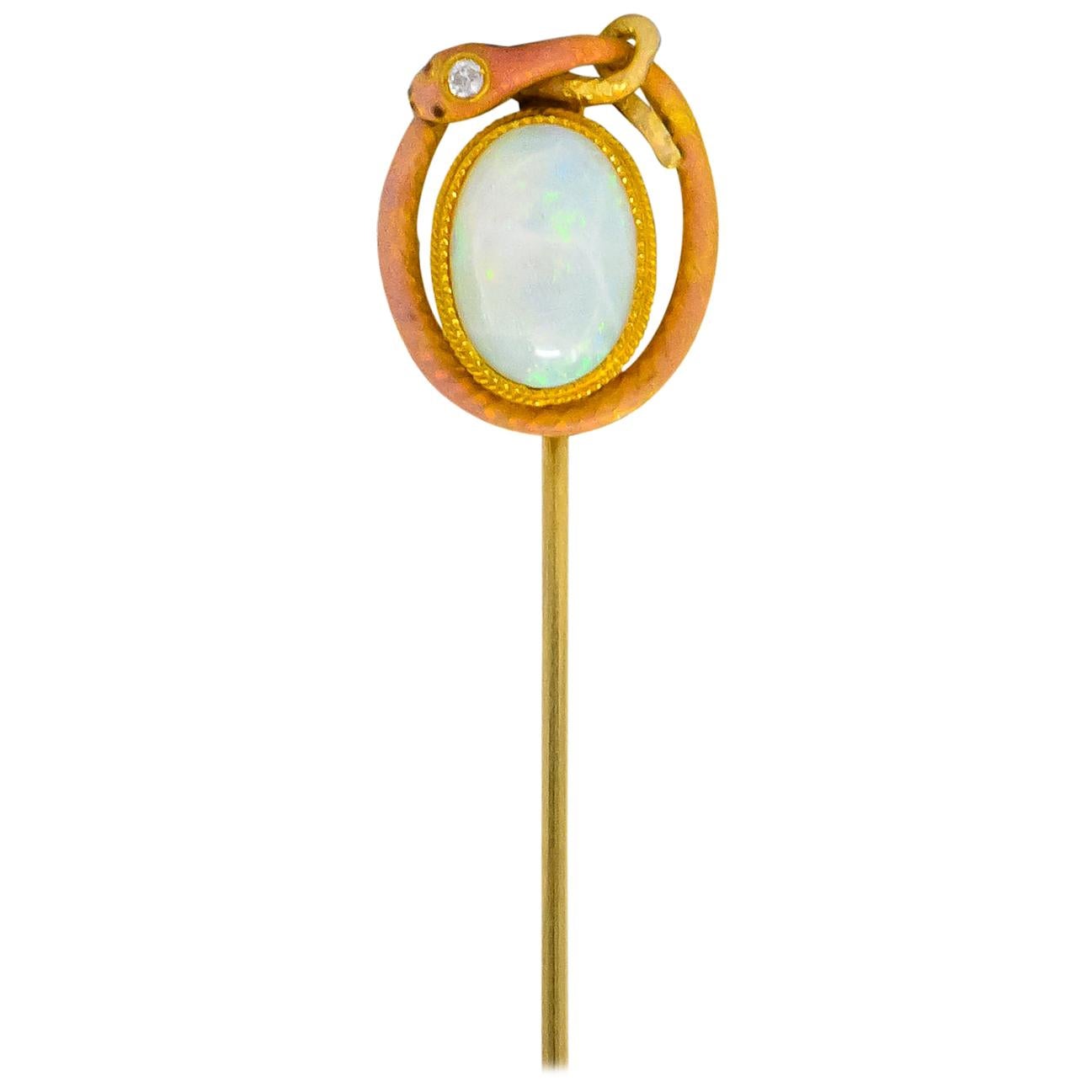 Krementz Late Victorian Diamond Opal Enamel 14 Karat Gold Stickpin