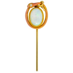 Antique Krementz Late Victorian Diamond Opal Enamel 14 Karat Gold Stickpin