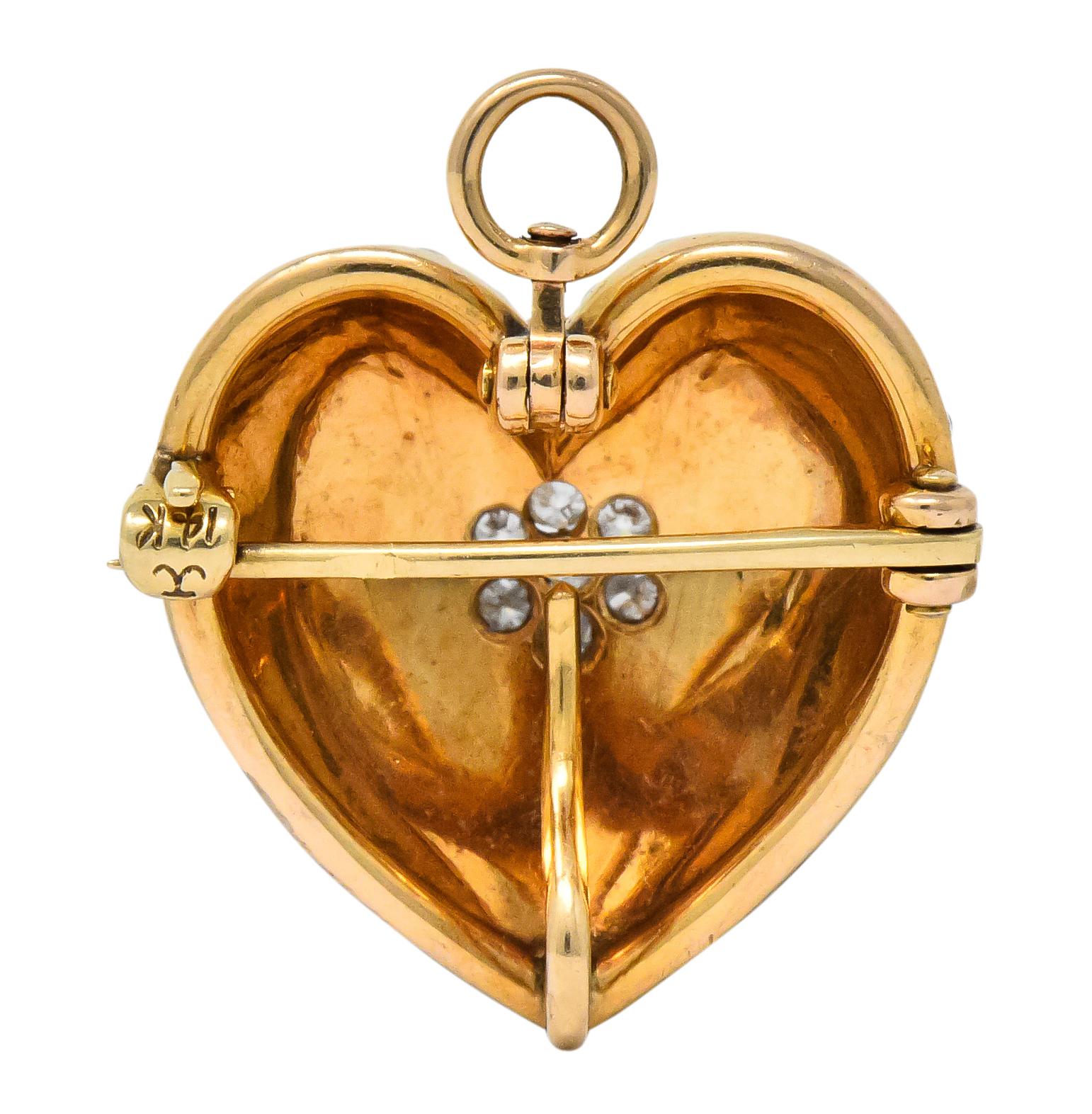 Krementz Late Victorian Diamond Seed Pearl 14 Karat Gold Heart Pendant Brooch In Excellent Condition In Philadelphia, PA